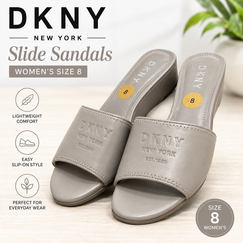 DKNY New York Slides Women’s Size 8 Gray Slip On Sandals Casual Shoes